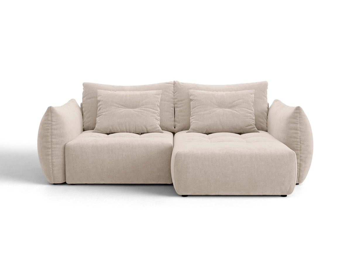 Ecksofa Bloom mit Schlaffunktion von Micadoni in Sand, Bettsofa rechts mit Casino-Veloursbezug und schwarzen Kunststoffbeinen.