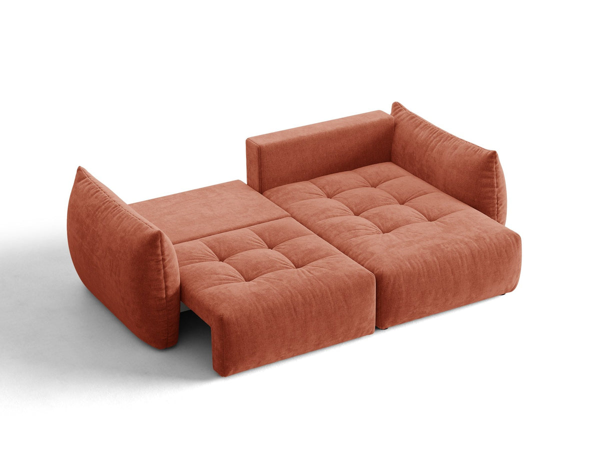 Ecksofa Bloom mit Schlaffunktion von Micadoni in Sand, Bettsofa rechts mit Casino-Veloursbezug und schwarzen Kunststoffbeinen.