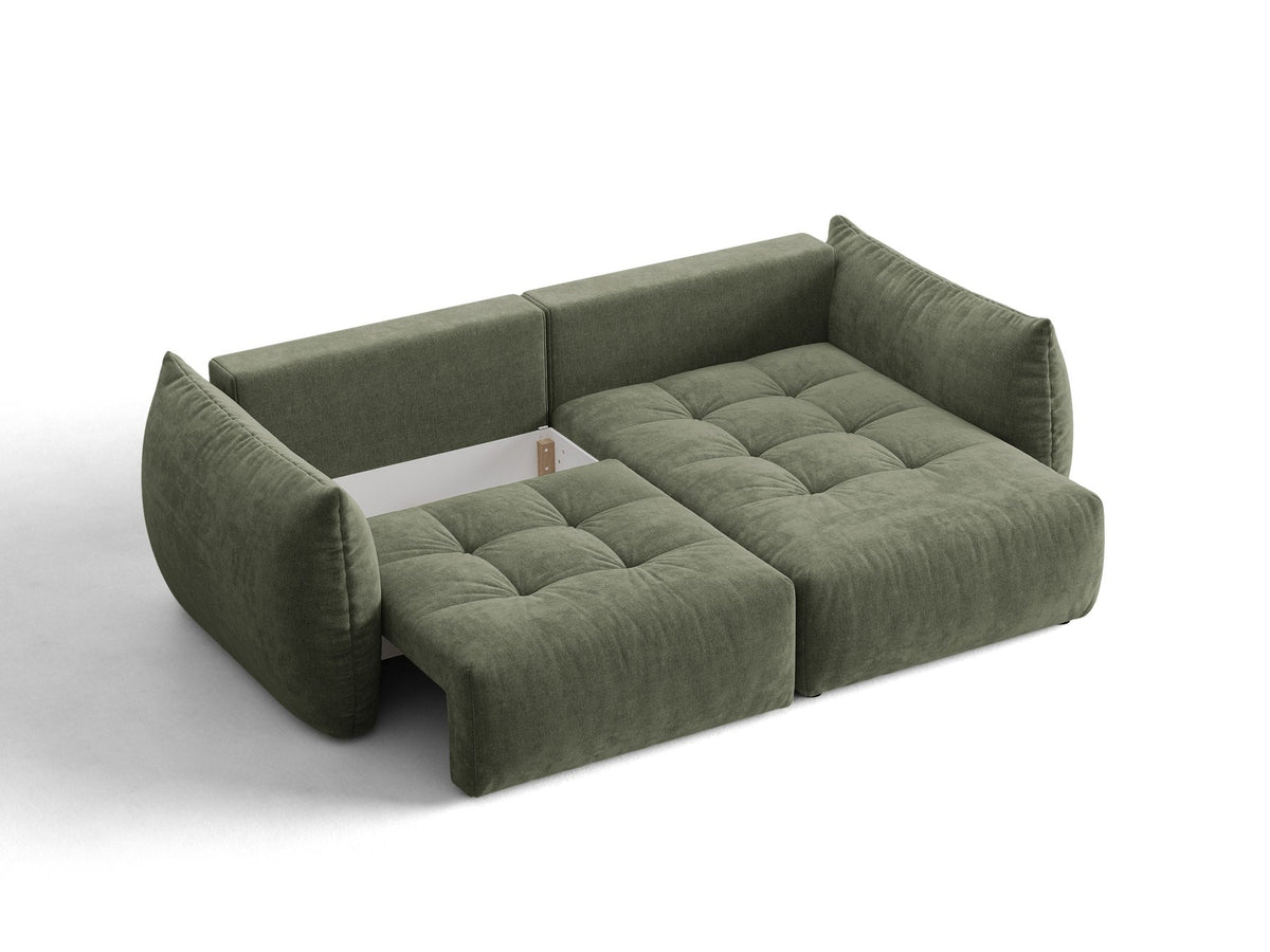 Ecksofa Bloom mit Schlaffunktion von Micadoni in Sand, Bettsofa rechts mit Casino-Veloursbezug und schwarzen Kunststoffbeinen.