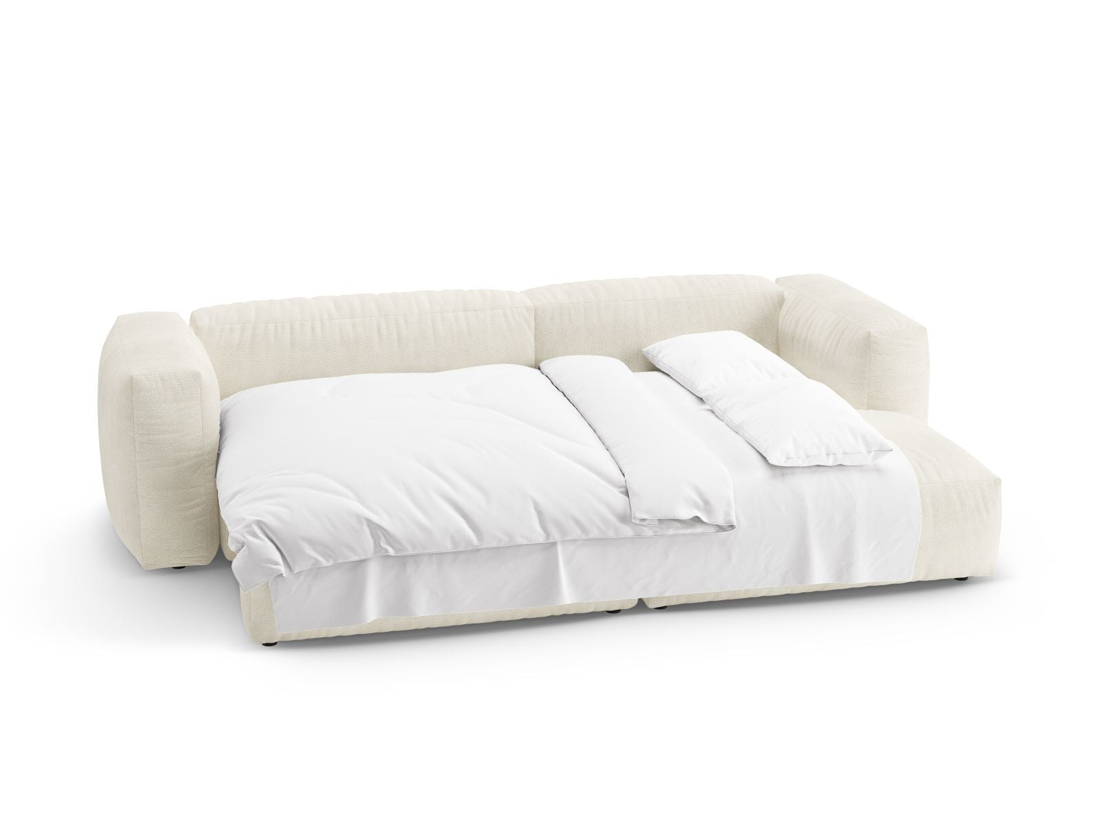 Modernes 4-Sitzer Ecksofa Martina in Ivory-Monet, bietet Komfort, eine praktische Schlaffunktion und zusätzlichen Stauraum für Ihre Wohnräume.