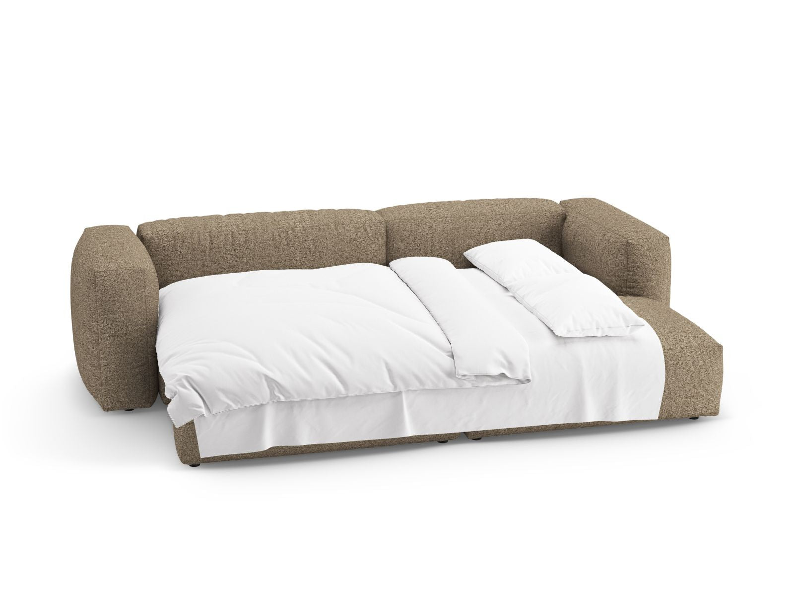 Modernes 4-Sitzer Ecksofa Martina in stilvollem Cappuccino, perfekt für gemütliche Abende, mit Schlaf- und Stauraummöglichkeiten.