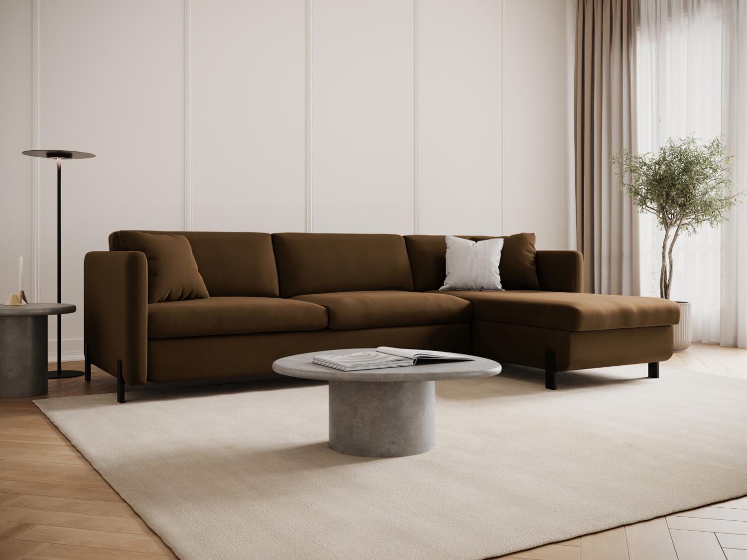 Elegantes Gloria Velour Ecksofa in Schokoladenfarbe, ideal für stilvolle Wohnräume, mit praktischer Schlaffunktion und Stauraum.