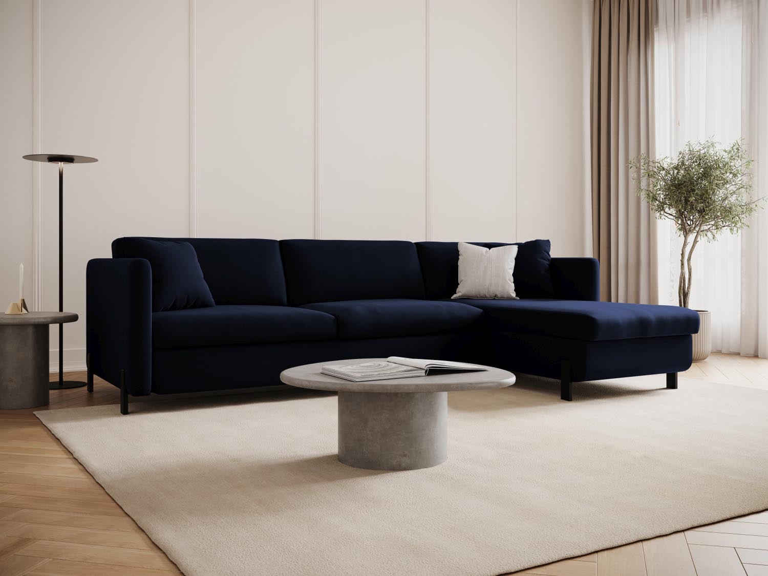 Elegantes Gloria Velour Ecksofa in Royal Blue, 5-Sitzer mit Schlaffunktion und Stauraum, ideal für stilvolle Wohnräume.