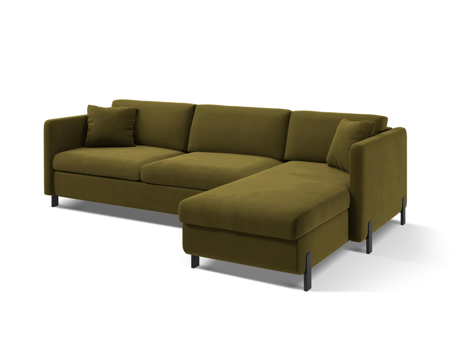 Modernes Ecksofa Gloria in Veloursgrün, 5-Sitzer mit praktischer Schlaffunktion und integriertem Stauraum, ideal für gemütliche Abende.