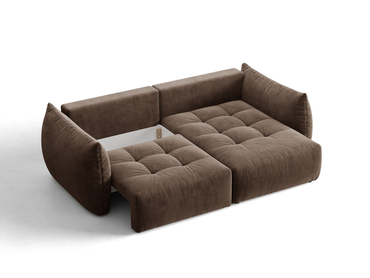 Ecksofa Bloom mit Schlaffunktion von Micadoni in Sand, Bettsofa rechts mit Casino-Veloursbezug und schwarzen Kunststoffbeinen.