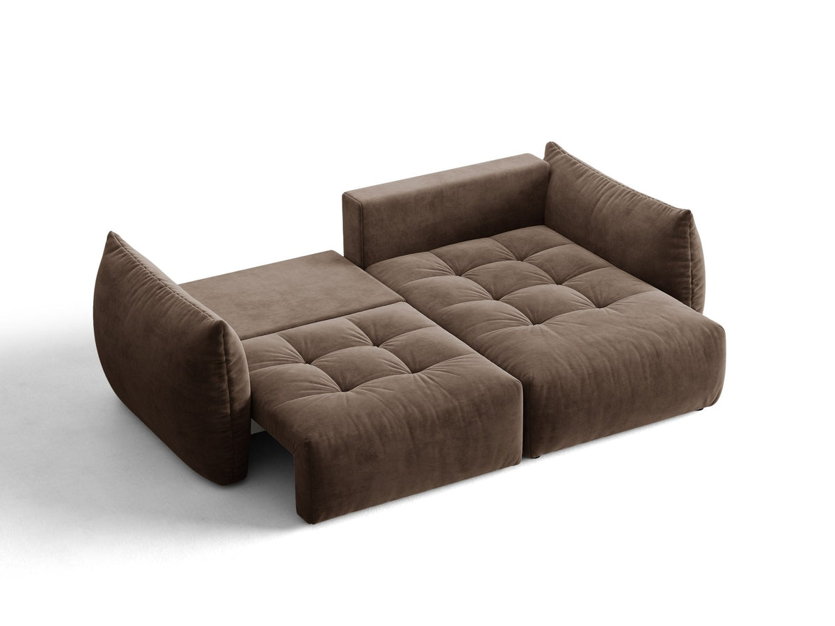 Ecksofa Bloom mit Schlaffunktion von Micadoni in Sand, Bettsofa rechts mit Casino-Veloursbezug und schwarzen Kunststoffbeinen.