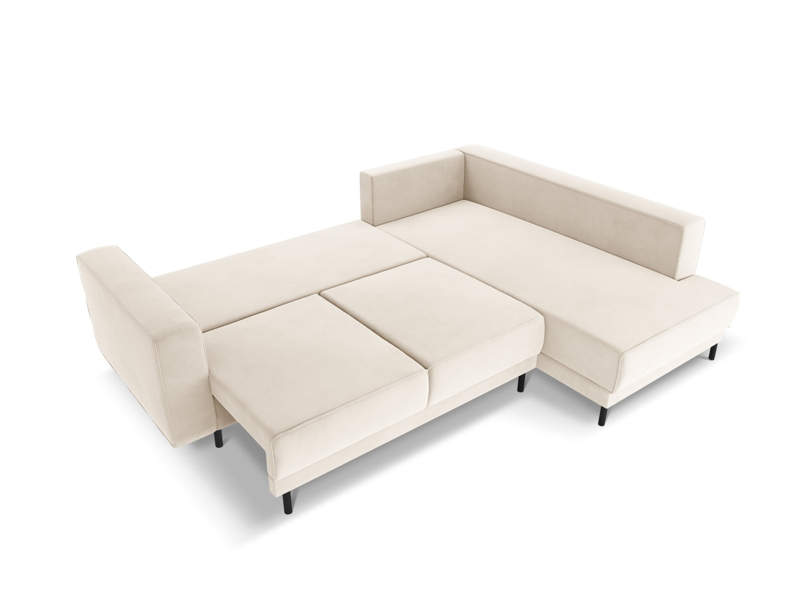 Elegantes Caro Velour Ecksofa in hellem Beige, 5-Sitzer mit praktischer Schlaffunktion, ideal für stilvolle Wohnräume und Übernachtungsgäste.