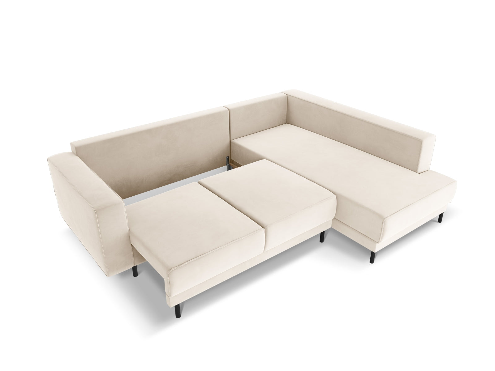 Modernes Caro Velour Ecksofa in sanftem Beige, 5-Sitzer mit komfortabler Schlaffunktion, perfekt für gemütliche Abende und Gästeübernachtungen.
