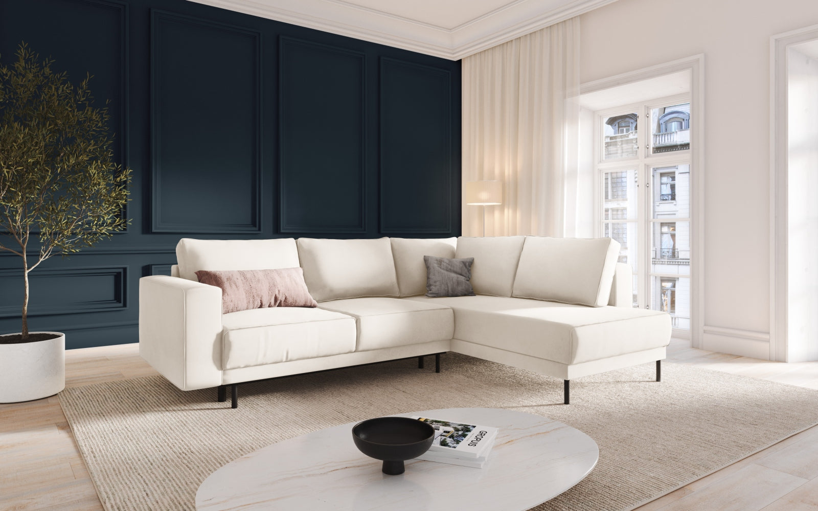 Elegantes Caro Velour Ecksofa in Light Beige-Bluvel, 5-Sitzer mit praktischer Schlaffunktion, ideal für stilvolle Wohnräume.