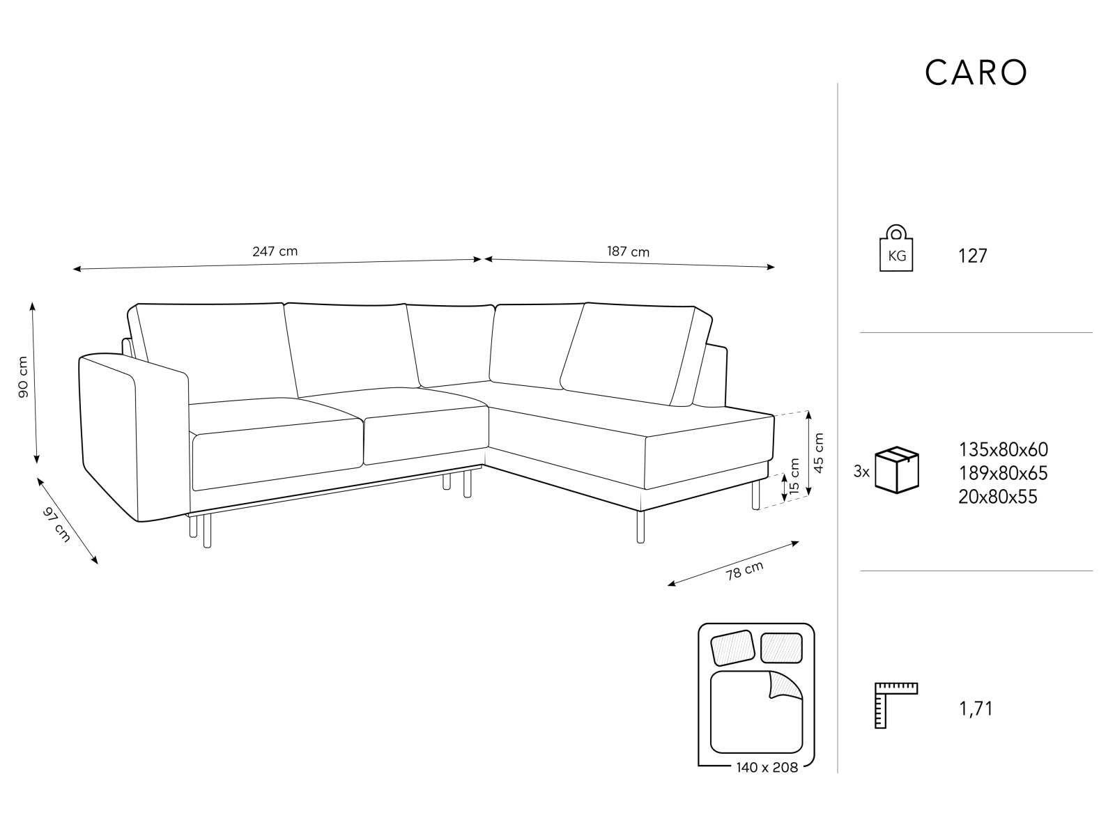 Elegantes Caro Velour Ecksofa in Royal Blue, 5-Sitzer mit praktischer Schlaffunktion, ideal für stilvolle Wohnräume und Übernachtungsgäste.