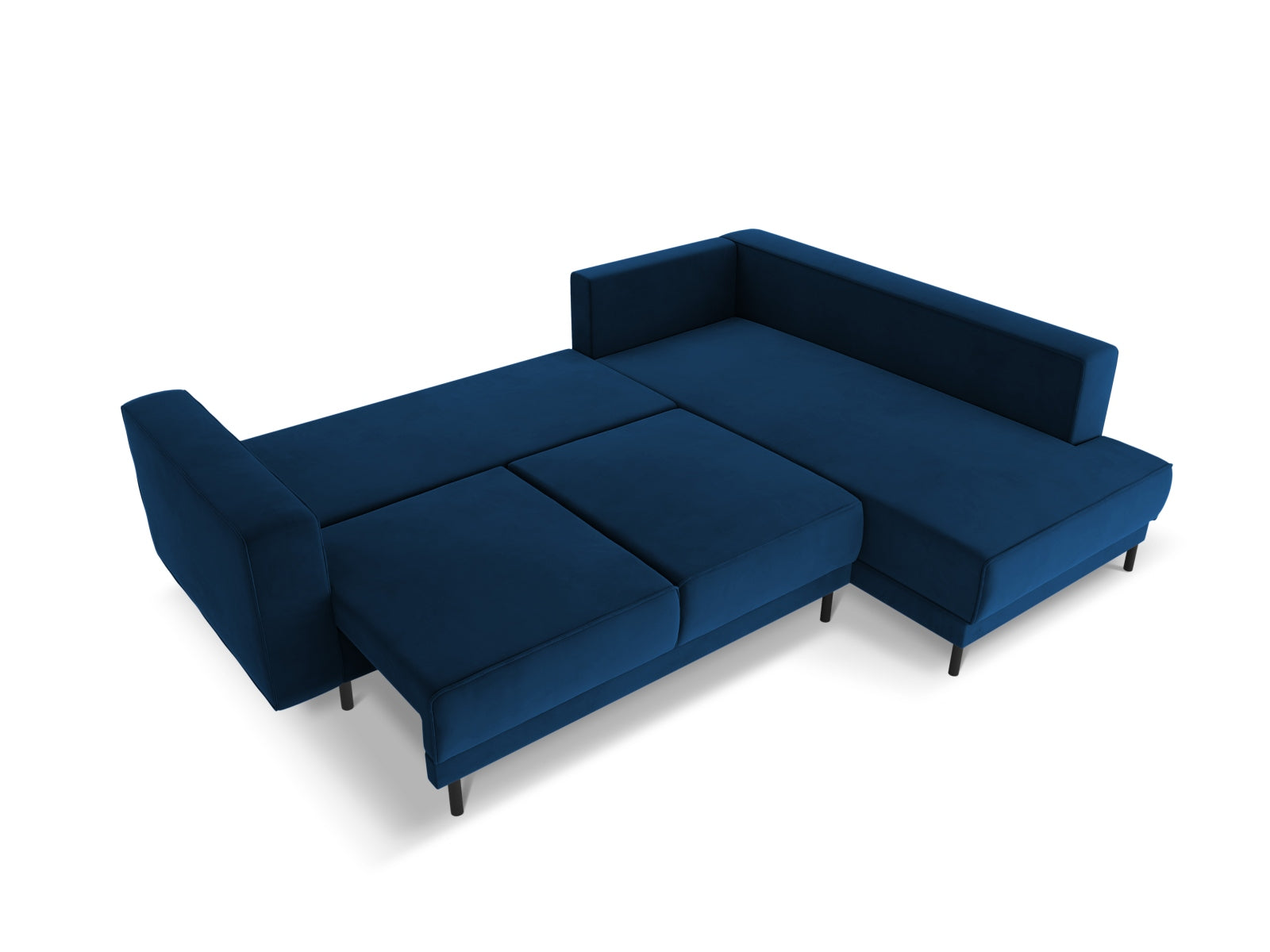 Elegantes Caro Velour Ecksofa in Royal Blue, 5-Sitzer mit praktischer Schlaffunktion, ideal für stilvolle Wohnräume und Übernachtungsgäste.