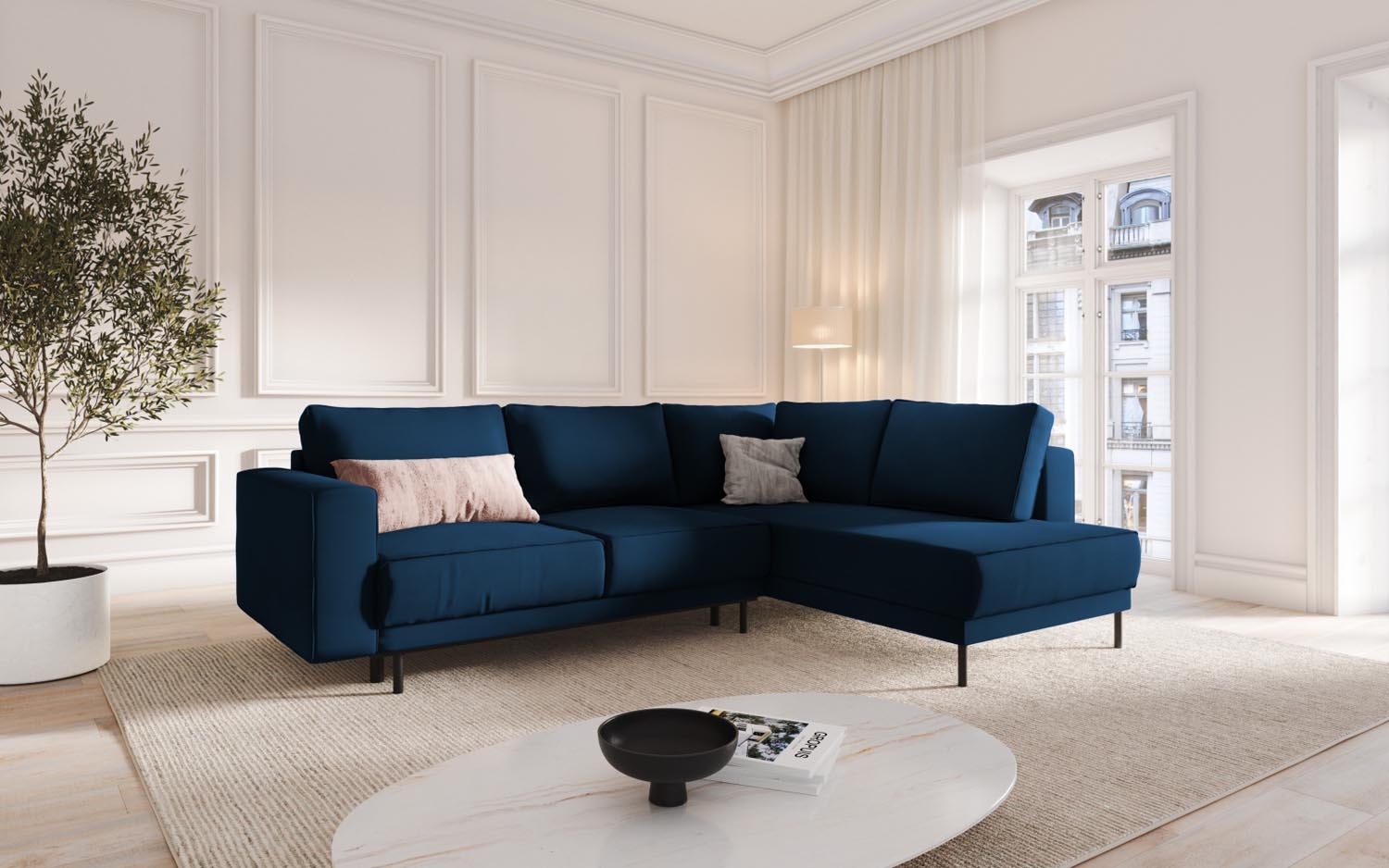 Elegantes Caro Velour Ecksofa in Royal Blue, 5-Sitzer mit praktischer Schlaffunktion, ideal für stilvolle Wohnräume.