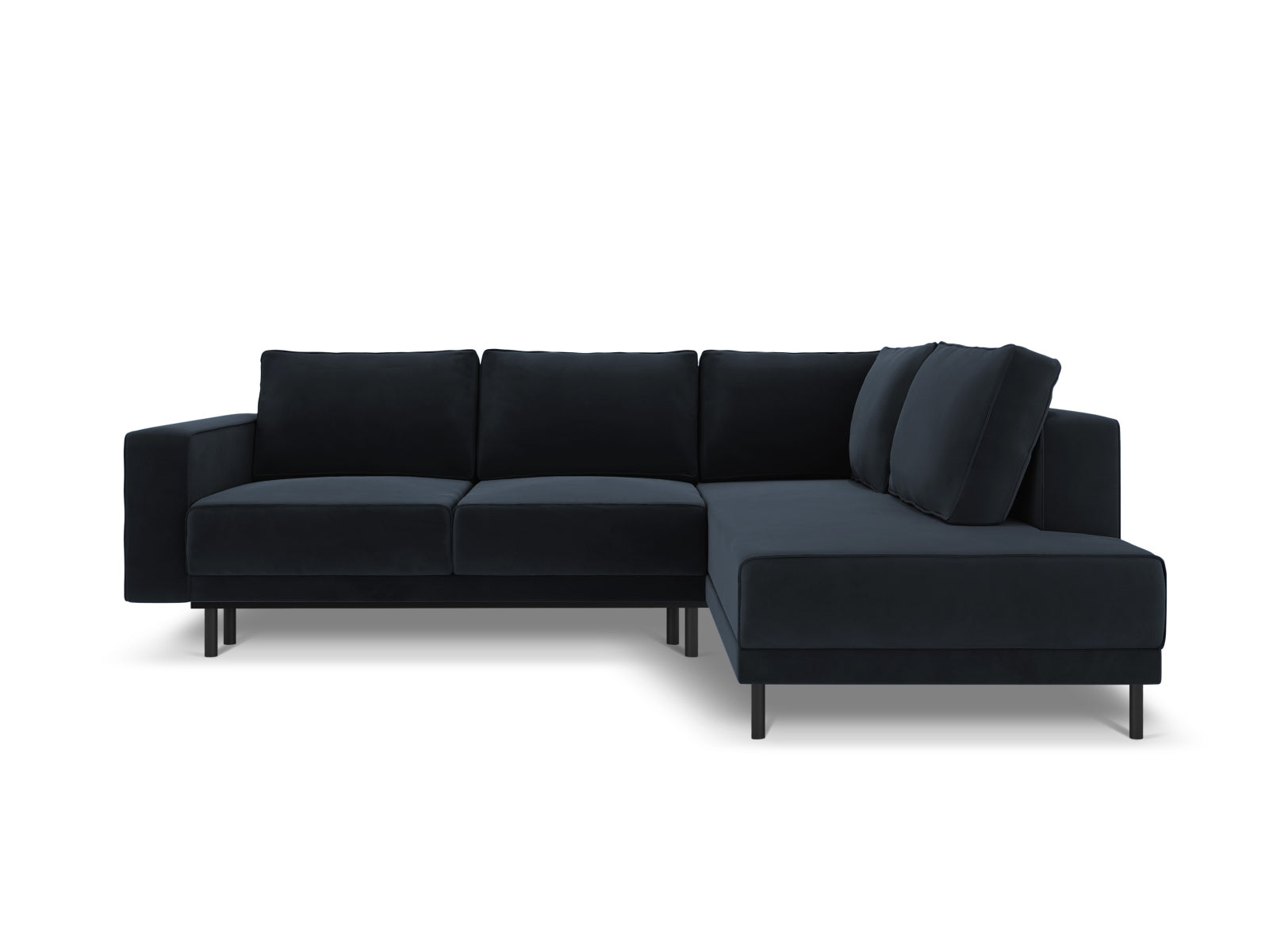 Modernes Caro Velour Ecksofa in Dunkelblau, 5-Sitzer mit praktischer Schlaffunktion, perfekt für entspannte Abende und Gästeübernachtungen.