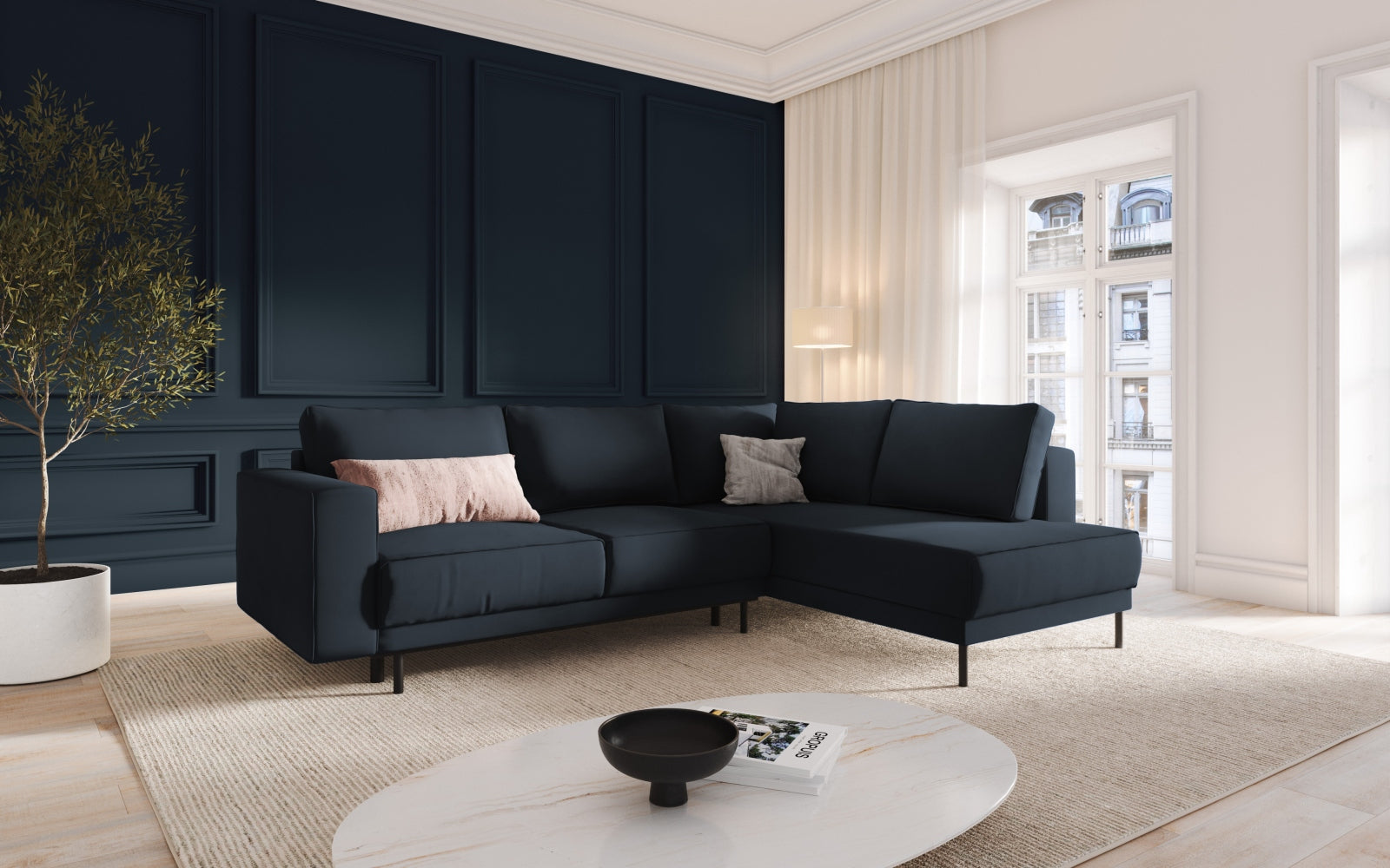 Elegantes Caro Velour Ecksofa in Dunkelblau, 5-Sitzer mit Schlaffunktion, ideal für stilvolle Wohnräume und gemütliche Nächte.