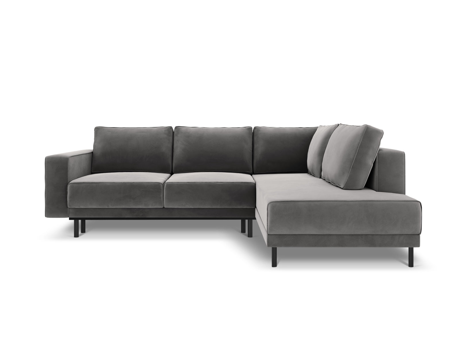 Modernes Caro Velour Ecksofa in sanftem Hellgrau, 5-Sitzer mit praktischer Schlaffunktion für zusätzlichen Komfort und Stil.
