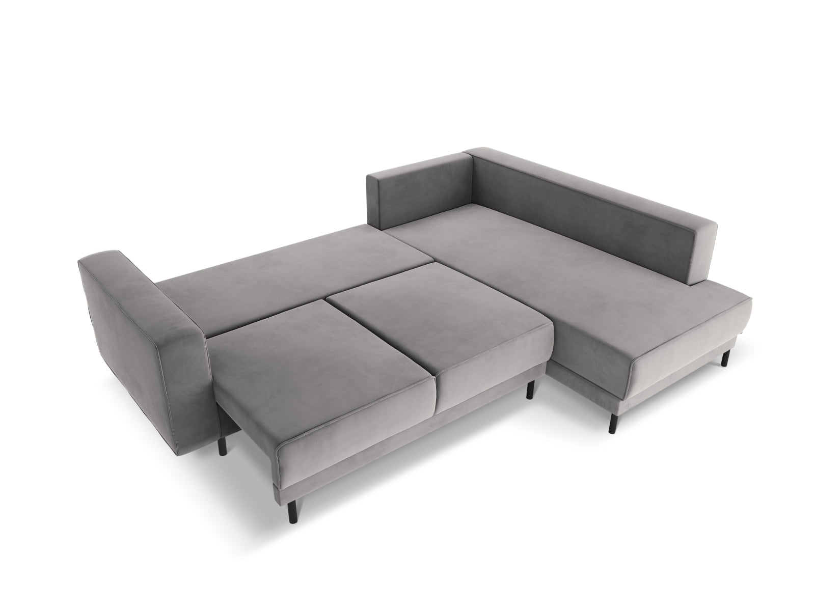 Elegantes Caro Velour Ecksofa in hellem Grau, 5-Sitzer mit cleverer Schlaffunktion, ideal für stilvolle Wohnräume und Gästeübernachtungen.