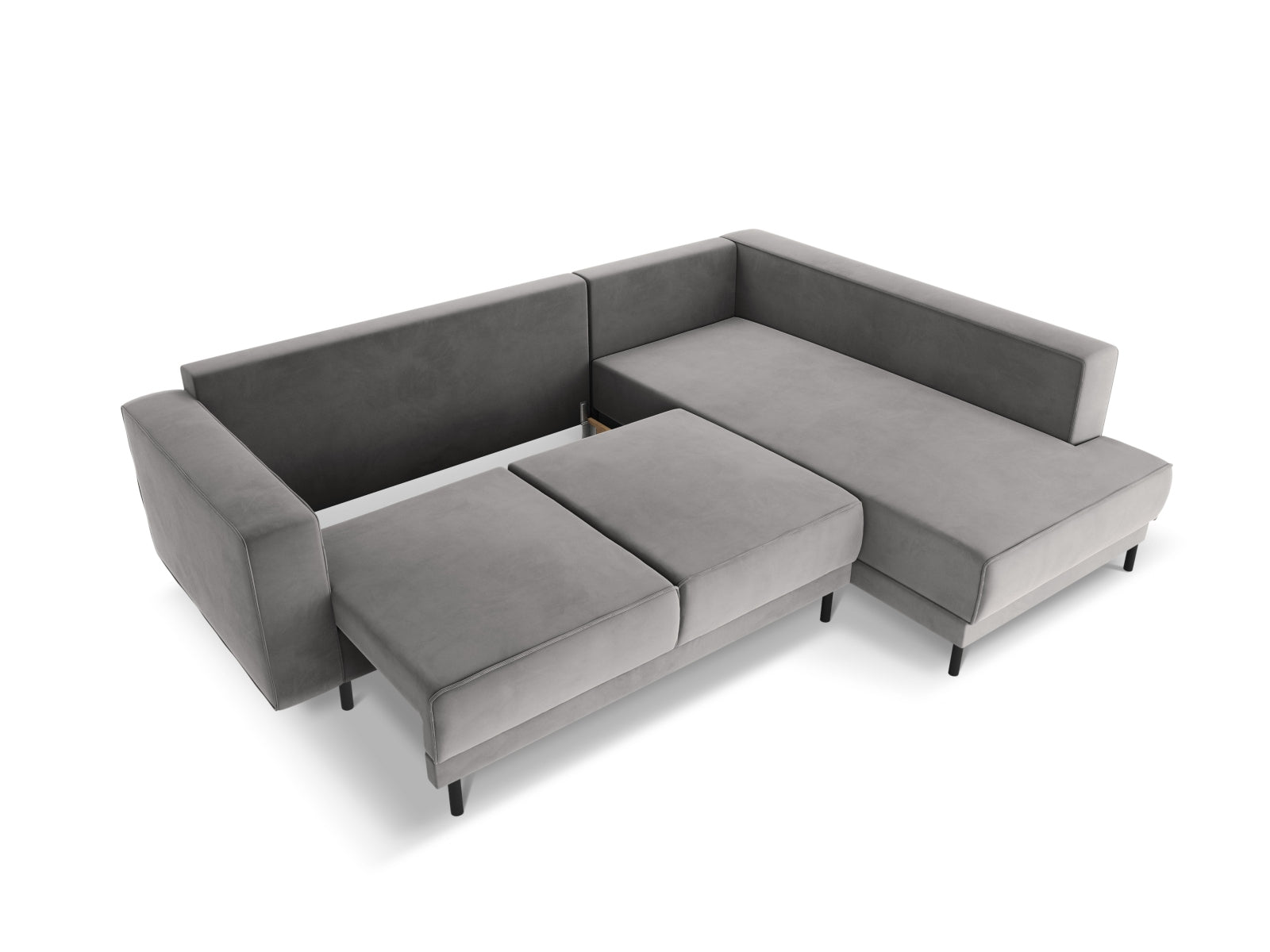 Modernes Caro Velour Ecksofa in sanftem Grau, 5-Sitzer mit praktischer Schlaffunktion, perfekt für gemütliche Abende und Übernachtungen.