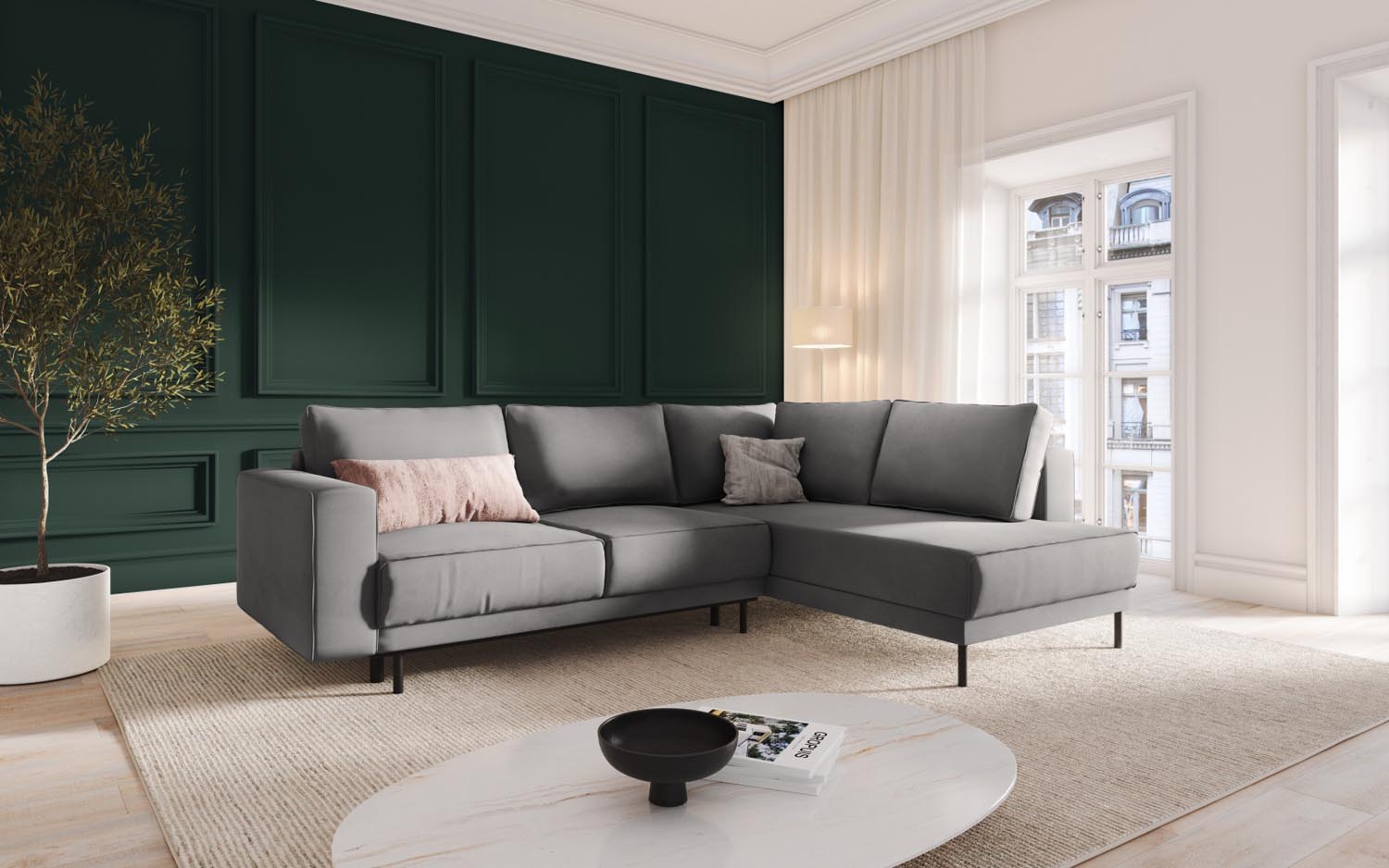 Elegantes Caro Velour Ecksofa in Hellgrau mit Schlaffunktion, ideal für stilvolle Wohnräume und gemütliche Nächte.