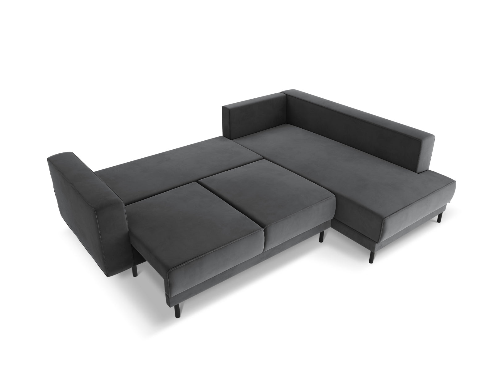 Elegantes Caro Velour Ecksofa in Grau-Blau, 5-Sitzer mit praktischer Schlaffunktion, ideal für stilvolle Wohnräume und Übernachtungen.