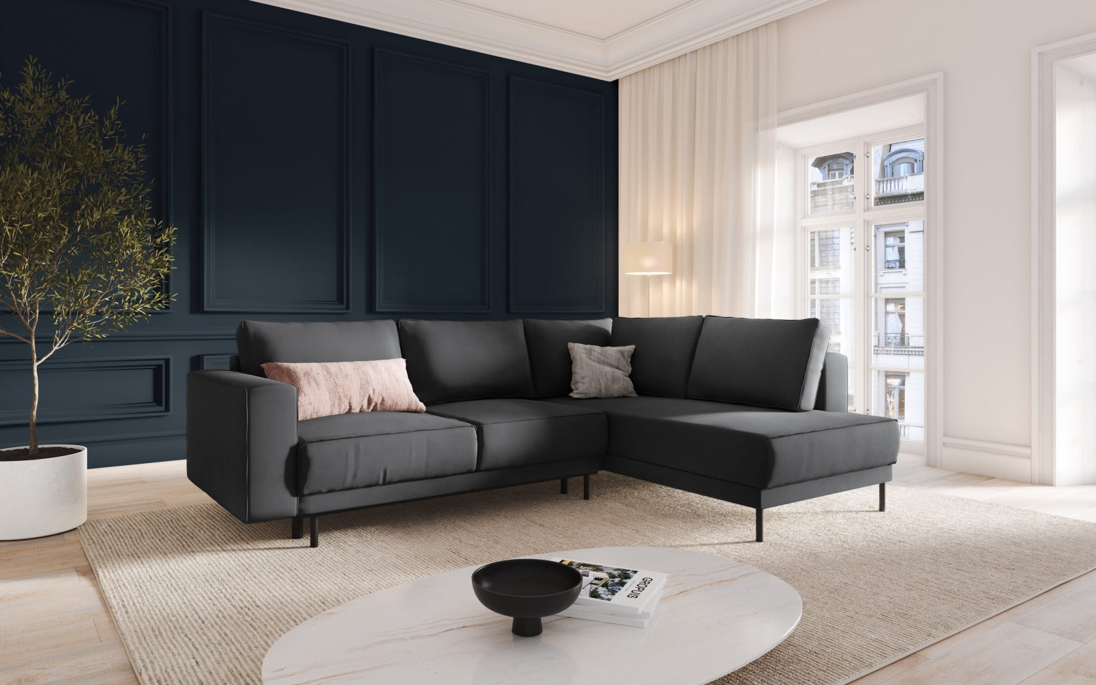 Elegantes Caro Velour Ecksofa in Grau-Blau, 5-Sitzer mit praktischer Schlaffunktion, ideal für stilvolle Wohnräume.
