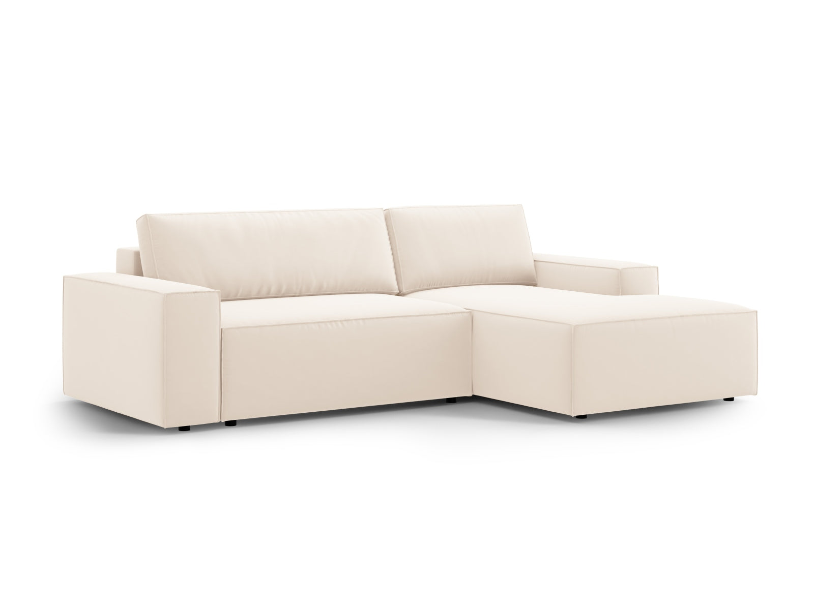 Modernes Jodie Velour Ecksofa in hellem Beige, rechtsseitig, mit praktischer Schlaffunktion und Stauraum für zusätzlichen Komfort.