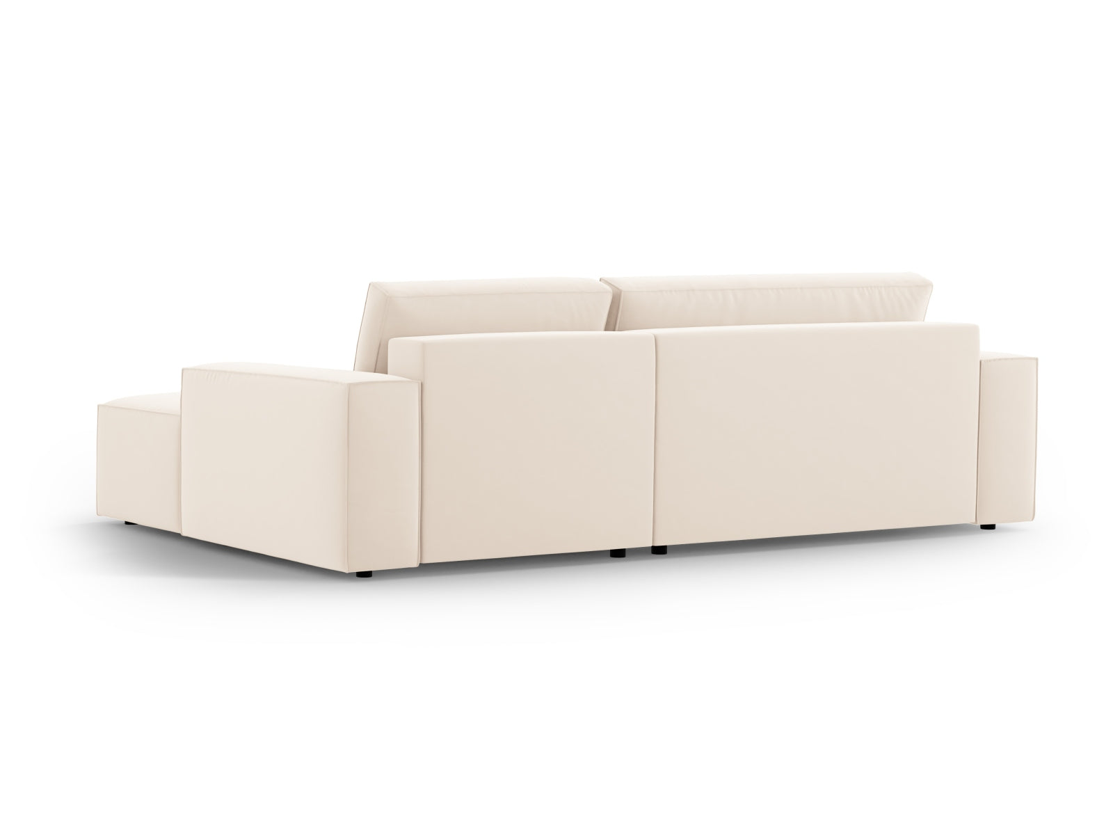 Elegantes Jodie Velour Ecksofa in sanftem Beige, rechtsseitig, bietet eine komfortable Schlaffunktion und praktischen Stauraum für Ihre Bedürfnisse.