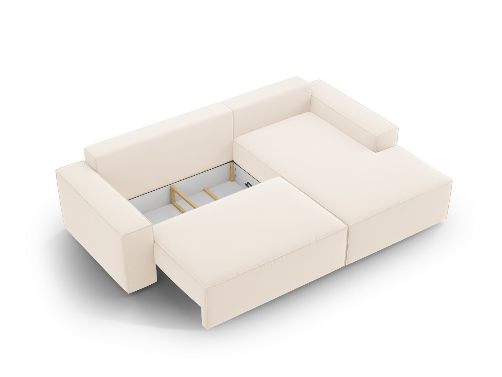Stilvolles Jodie Velour Ecksofa in hellem Beige, rechtsseitig, mit integrierter Schlaffunktion und nützlichem Stauraum für zusätzlichen Komfort.
