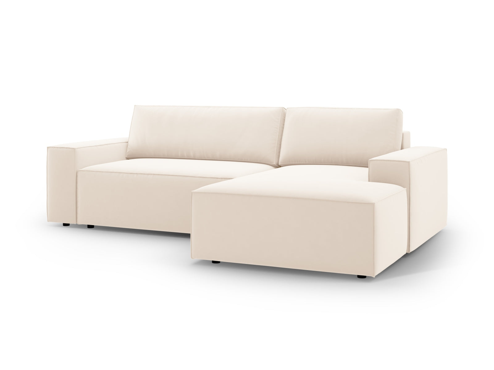 Stylisches Jodie Velour Ecksofa in hellem Beige, rechtsseitig, mit komfortabler Schlaffunktion und integriertem Stauraum für zusätzlichen Platz.