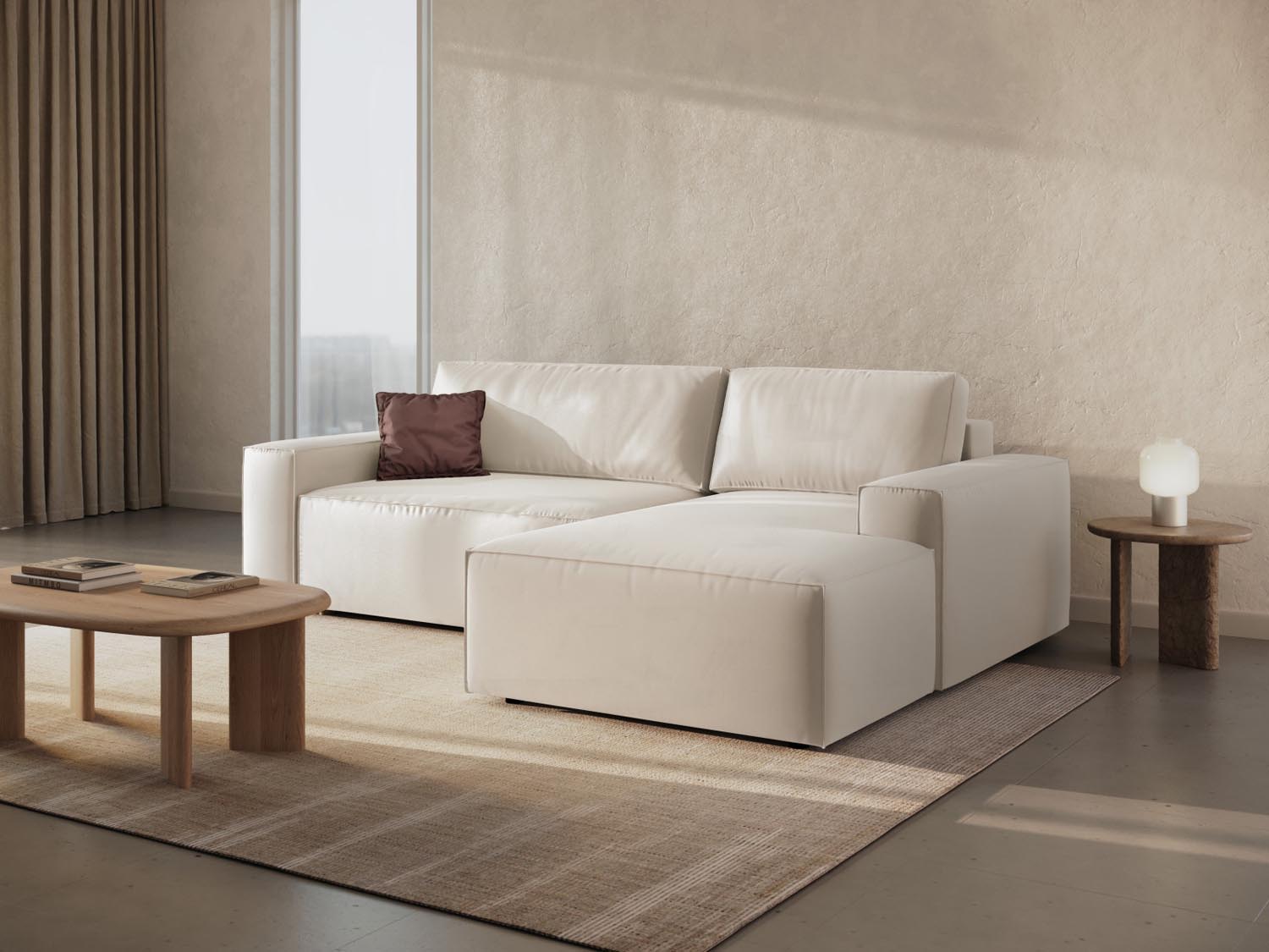 Elegantes Jodie Velour Ecksofa in Light Beige mit Schlaffunktion und Stauraum, ideal für stilvolle Wohnräume und gemütliche Nächte.