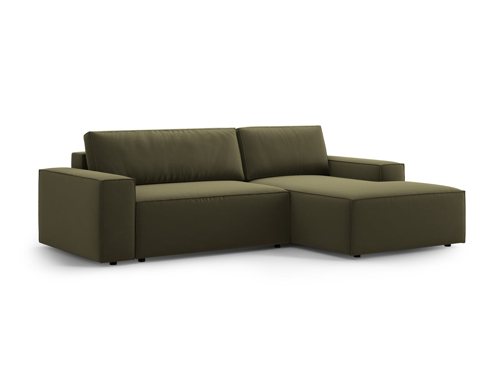 Erleben Sie das Jodie Velour Ecksofa rechts – ein elegantes 3-Sitzer Sofa mit praktischer Schlaffunktion und Stauraum für Ihr modernes Wohnzimmer.