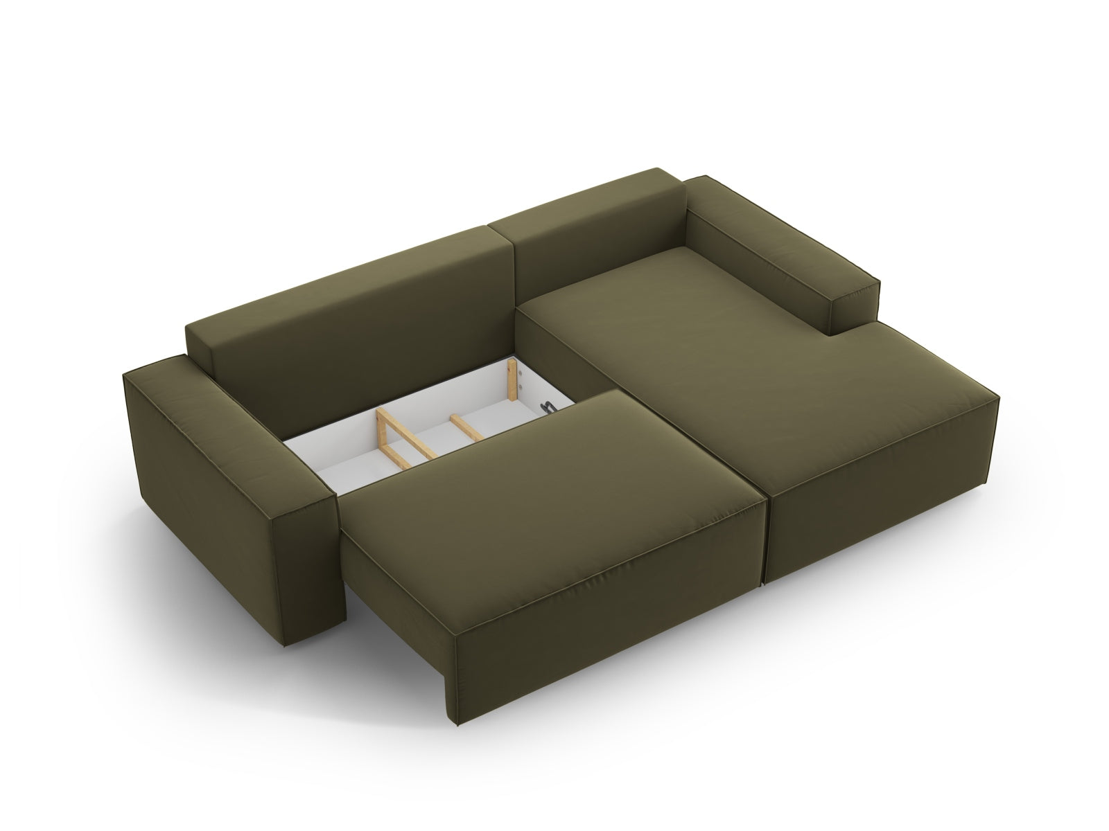 Modernes Jodie Velour Ecksofa in edlem Grün-Blau, bietet Komfort und Funktionalität mit Schlaffunktion und Stauraum für kleine Räume.