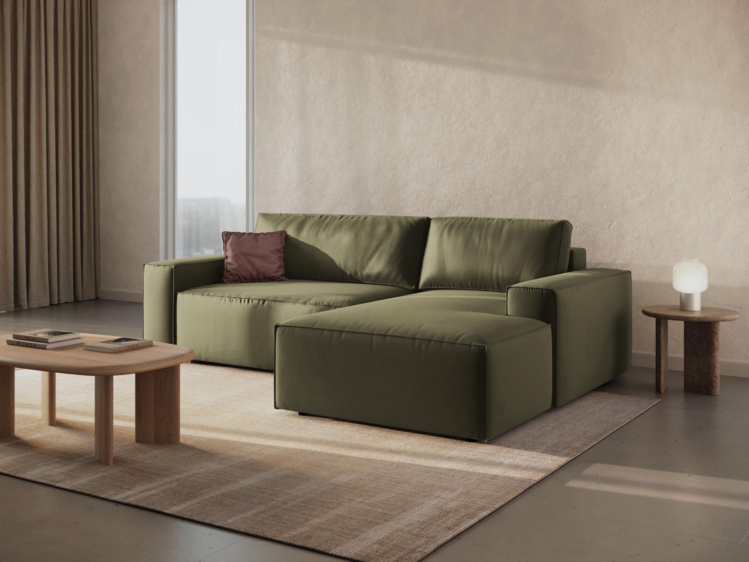 Elegantes Jodie Velour Ecksofa in Grün-Blau, ideal für stilvolle Wohnräume, mit praktischer Schlaffunktion und Stauraum.