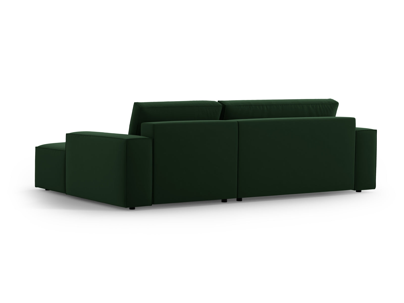 Elegantes Jodie Velour Ecksofa in Flaschengrün, rechtsseitig, mit praktischer Schlaffunktion und Stauraum für zusätzlichen Komfort.