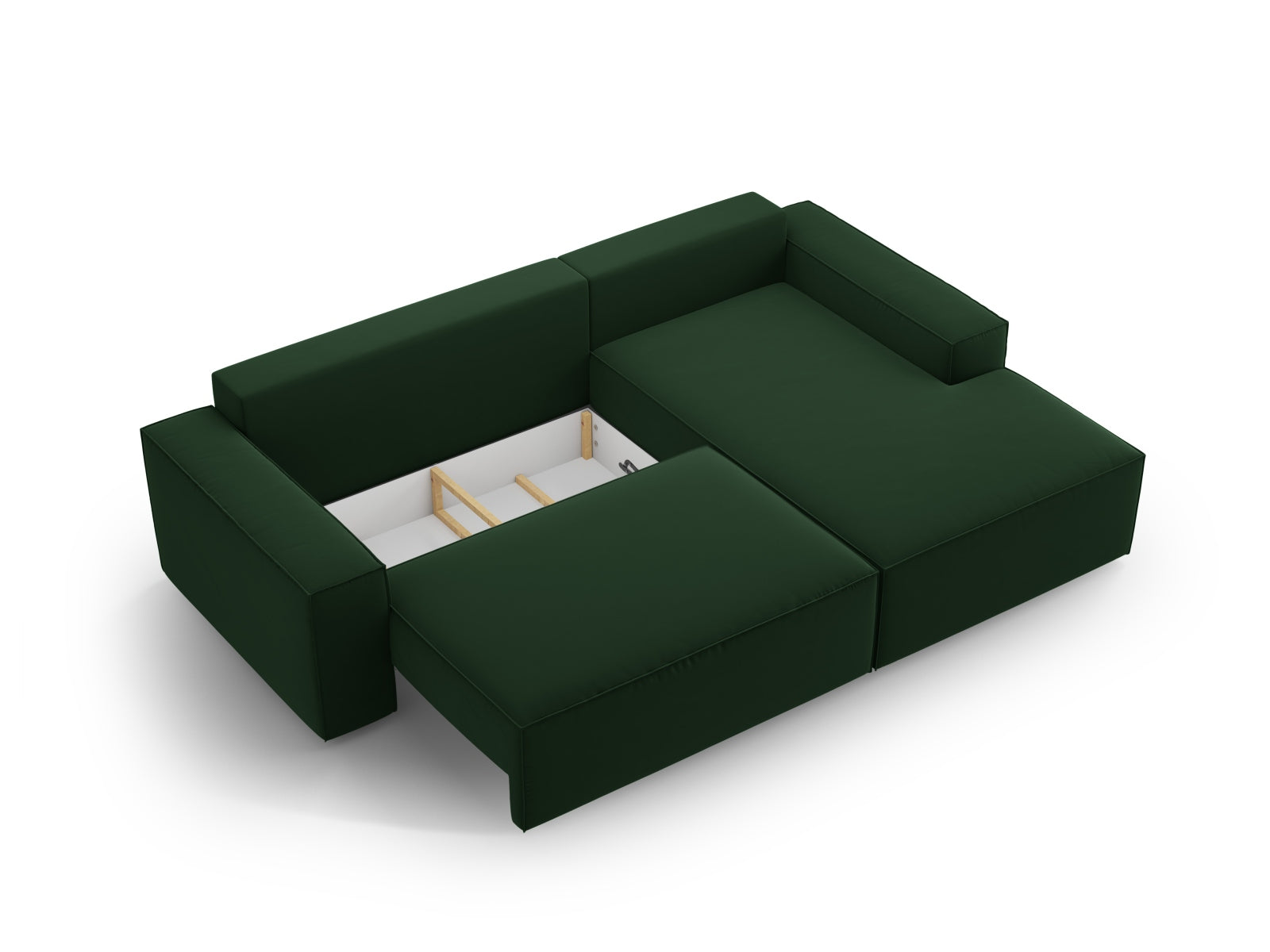 Stylisches Jodie Velour Ecksofa in edlem Flaschengrün, rechtsseitig, bietet eine komfortable Schlaffunktion und praktischen Stauraum.