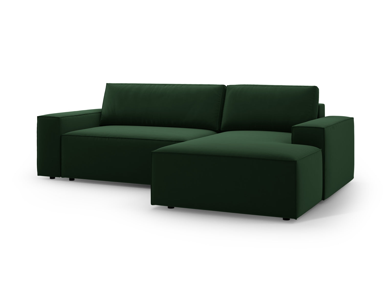 Stylisches Jodie Velour Ecksofa in edlem Flaschengrün, rechtsseitig, bietet eine praktische Schlaffunktion und Stauraum für optimale Raumnutzung.