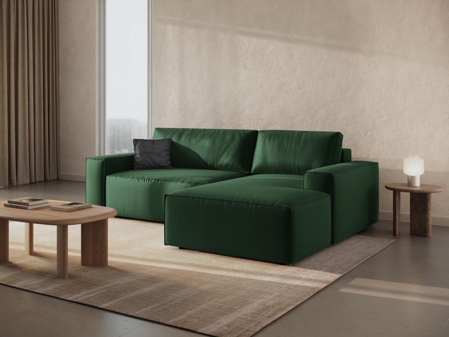 Elegantes Jodie Velour Ecksofa in Bottle Green mit Schlaffunktion und Stauraum, ideal für stilvolle Wohnräume und gemütliche Nächte.