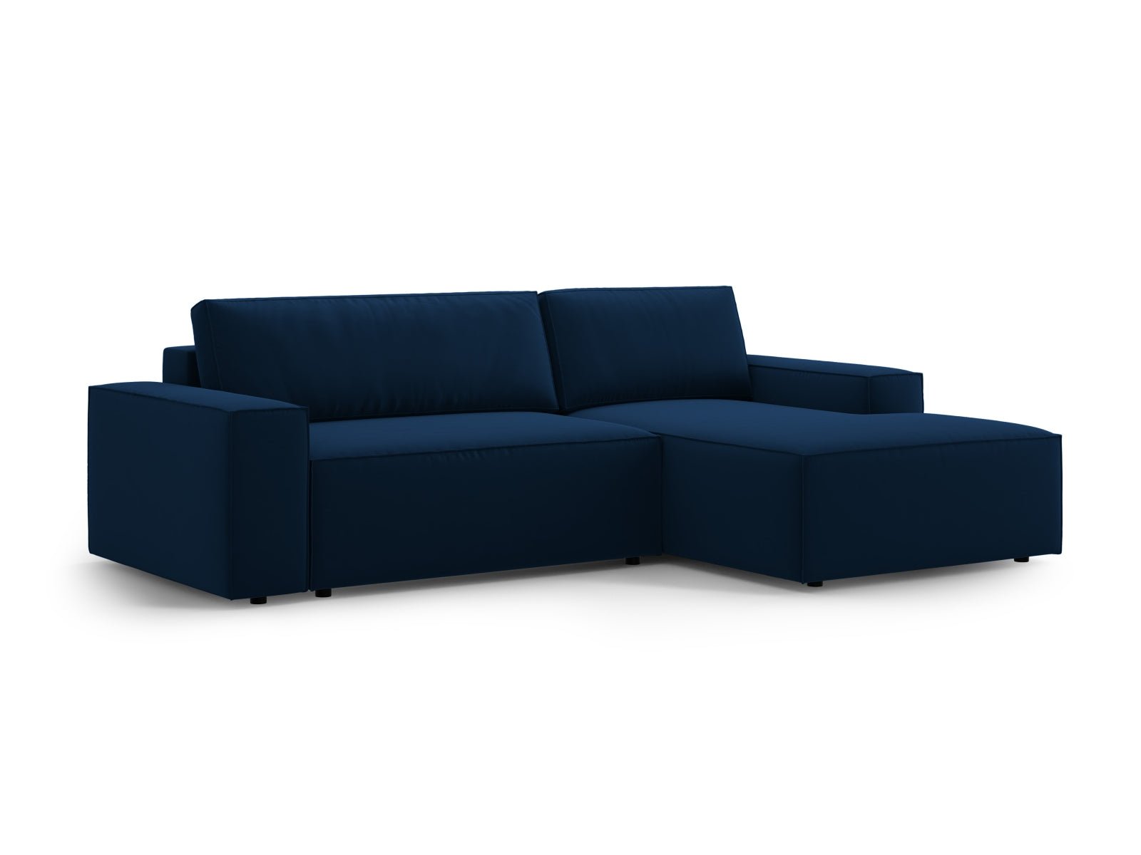 Modernes Jodie Velour Ecksofa in Royal Blue, rechtsseitig, 3-Sitzer mit praktischer Schlaffunktion und integriertem Stauraum.