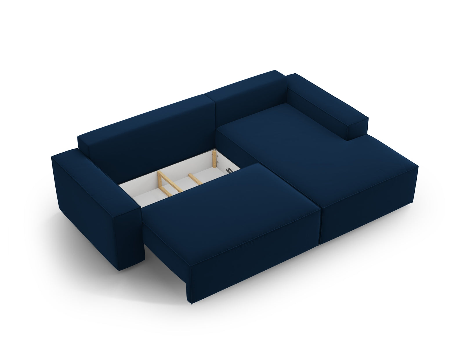 Stylisches Jodie Velour Ecksofa in tiefem Royalblau, rechtsseitig, 3-Sitzer mit praktischer Schlaffunktion und integriertem Stauraum.