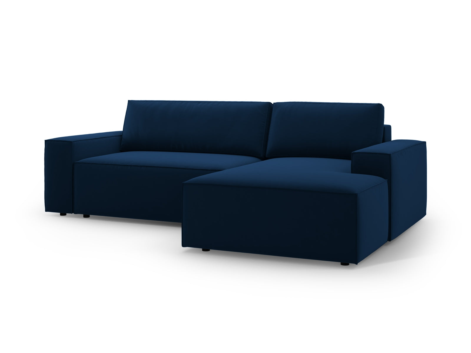 Stylisches Jodie Velour Ecksofa in tiefem Blau, rechtsseitig, 3-Sitzer mit praktischer Schlaffunktion und integriertem Stauraum.