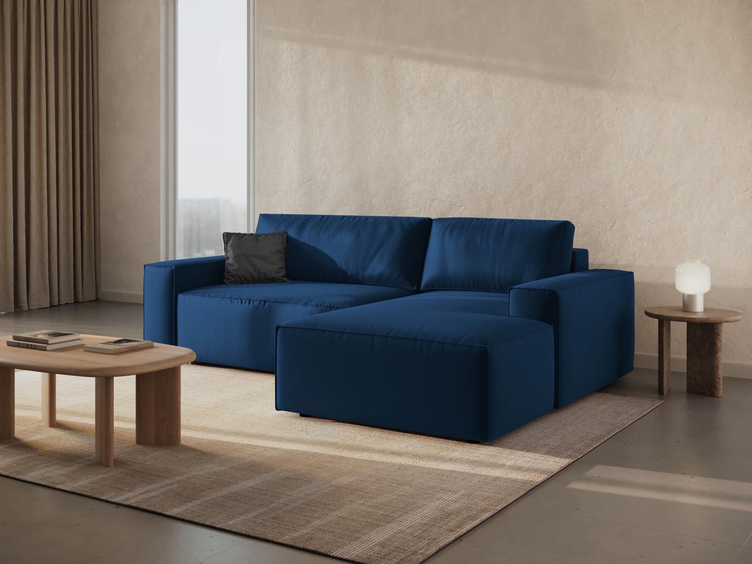 Elegantes Jodie Velour Ecksofa in Royal Blue, 3-Sitzer mit Schlaffunktion und Stauraum, ideal für stilvolle Wohnräume.