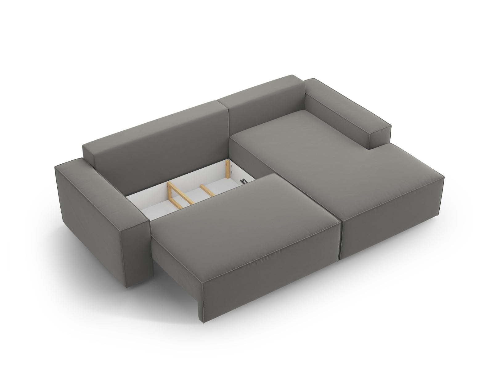 Stylisches Jodie Velour Ecksofa in sanftem Grau, perfekt für gemütliche Stunden und als praktisches Schlafsofa mit Stauraum.