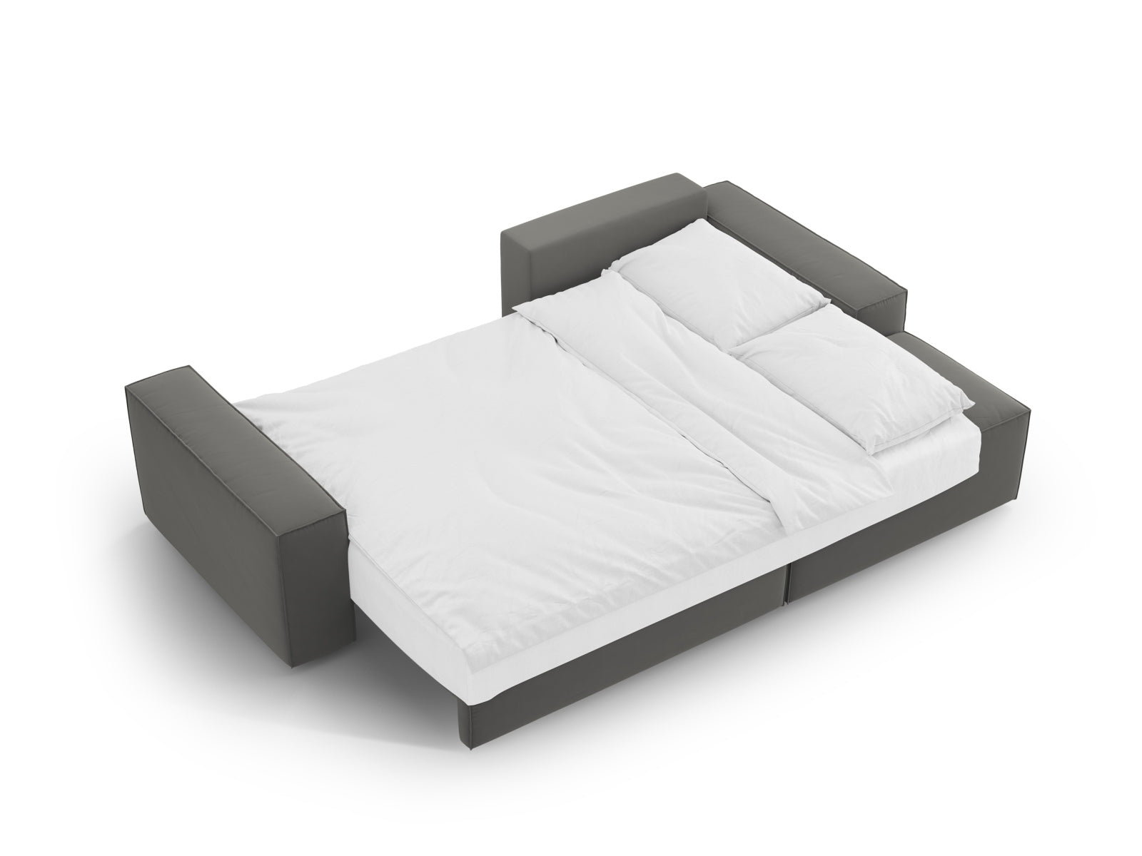Elegantes Jodie Velour Ecksofa in dezentem Grau, ideal für entspannte Abende und als funktionales Schlafsofa mit zusätzlichem Stauraum.
