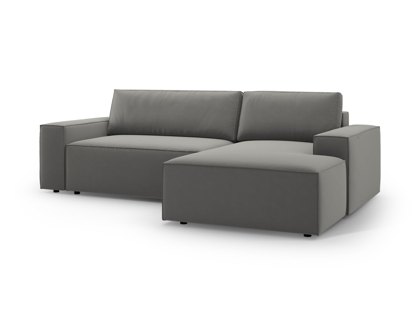 Stylisches Jodie Velour Ecksofa in sanftem Grau, perfekt für gemütliche Stunden und als praktisches Schlafsofa mit Stauraum.