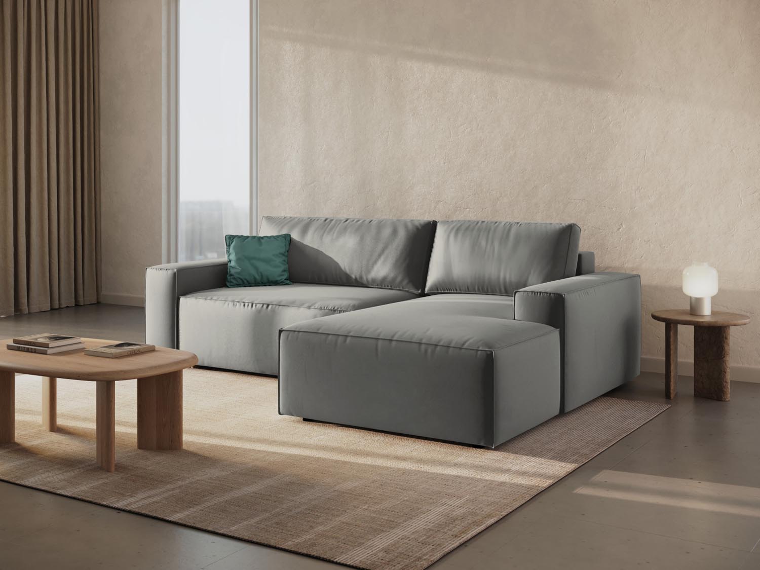 Elegantes Jodie Velour Ecksofa in Hellgrau mit Schlaffunktion und Stauraum, ideal für stilvolle Wohnräume und gemütliche Nächte.