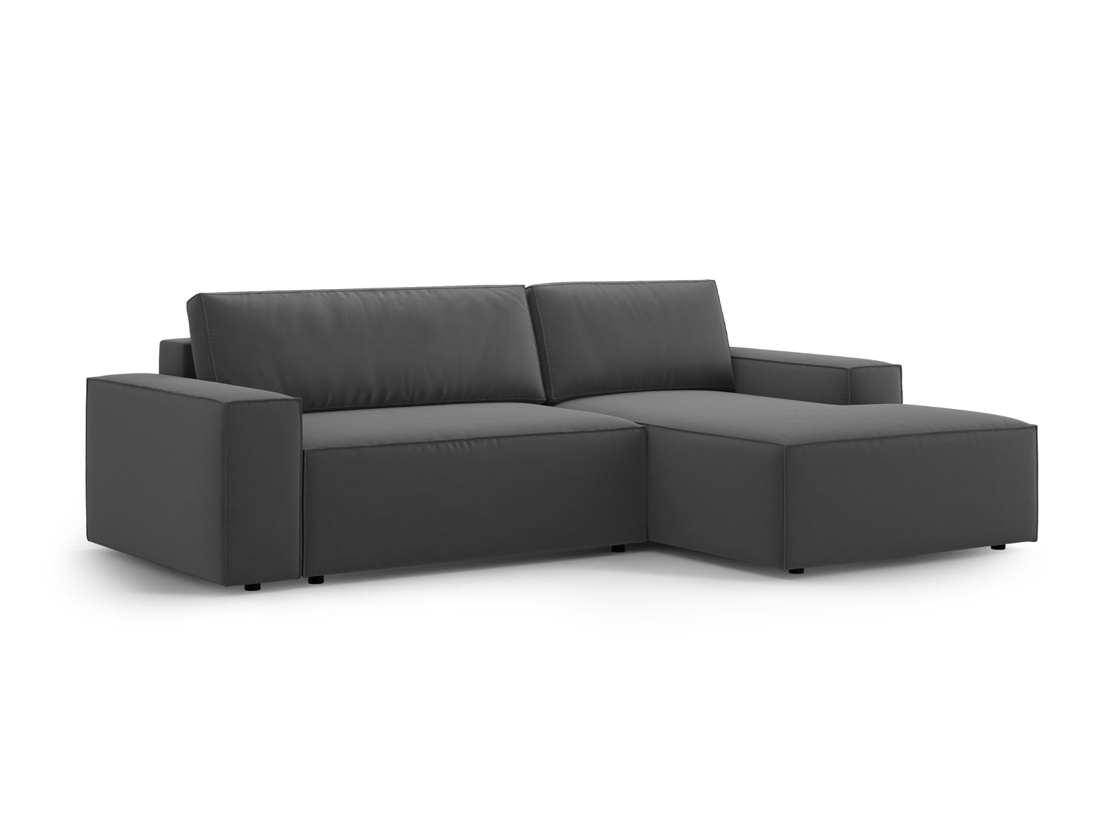 Modernes Jodie Velour Ecksofa in Grau-Blau, bietet Komfort und Funktionalität mit Schlaffunktion und Stauraum für kleine Räume.