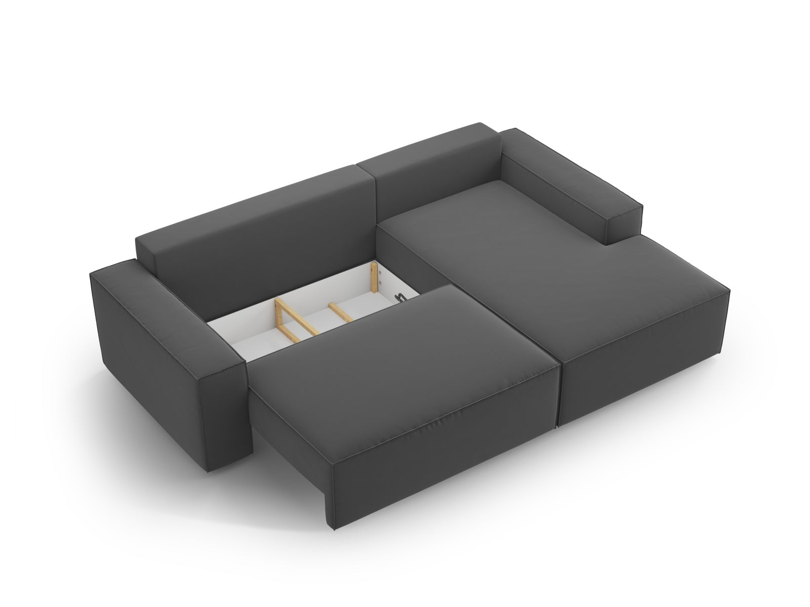 Modernes Jodie Velour Ecksofa in Grau-Blau, bietet Komfort und Funktionalität mit Schlaffunktion und Stauraum für kleine Räume.