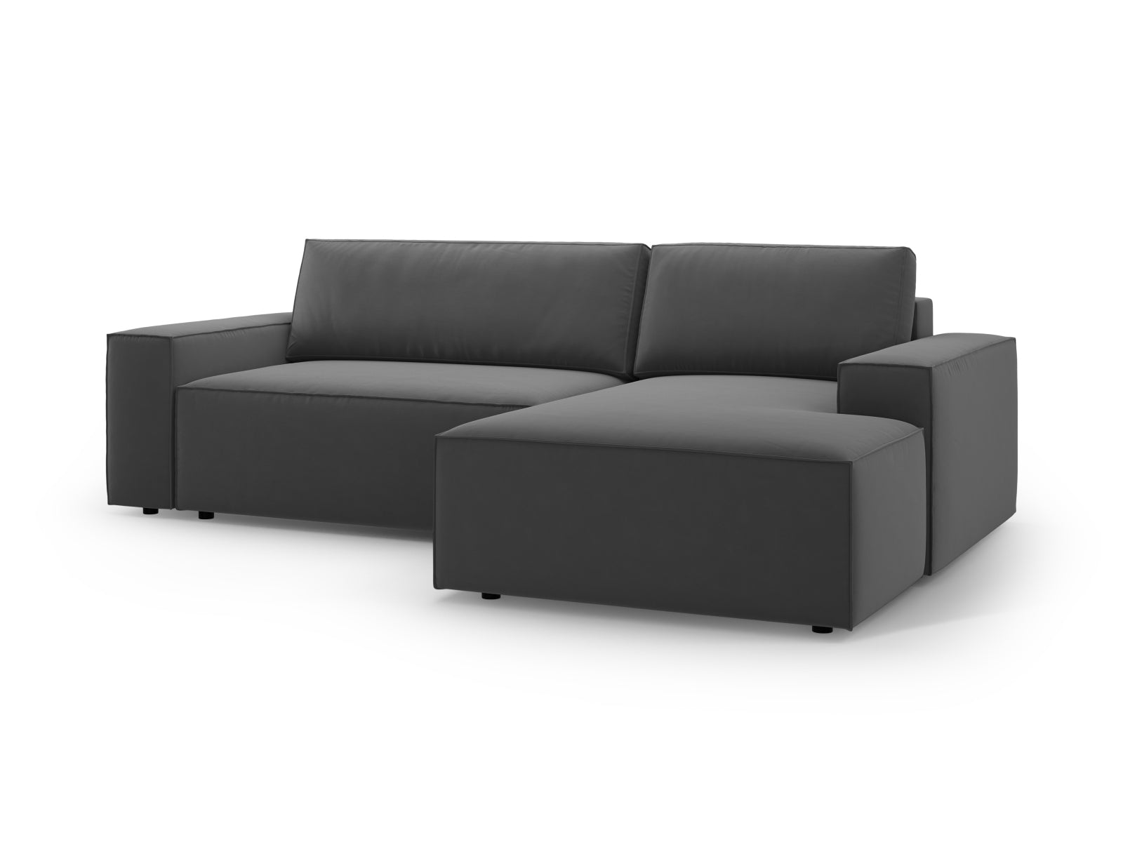 Modernes Jodie Velour Ecksofa in Grau-Blau, perfekt für gemütliche Abende, bietet Schlaffunktion und Stauraum für zusätzlichen Komfort.