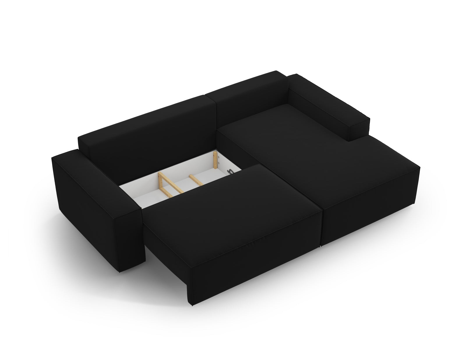 Stylisches Jodie Velour Ecksofa in Schwarz-Bluvel, rechtsseitig, ideal für entspannte Abende und als praktisches Schlafsofa mit Stauraum.