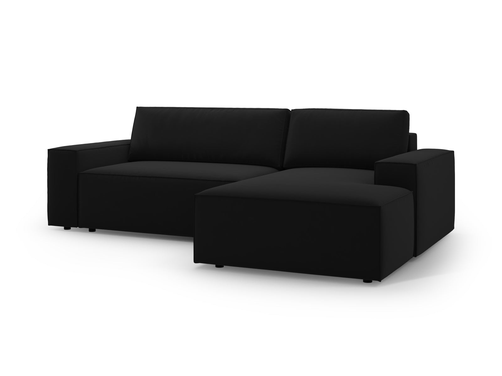 Stylisches Jodie Velour Ecksofa in Schwarz-Bluvel, rechtsseitig, vereint modernes Design mit praktischer Schlaffunktion und Stauraum.