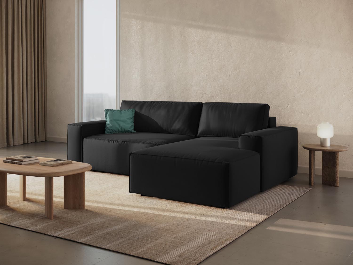 Elegantes Jodie Velour Ecksofa in Schwarz-Bluvel, ideal für stilvolle Wohnräume. Mit Schlaffunktion und Stauraum für zusätzlichen Komfort.